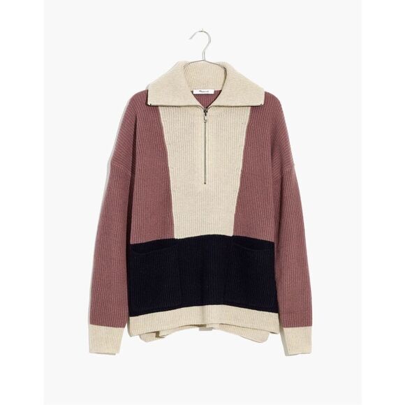 Madewell Glenbrook Half-Zip Pullover Sweater in Colorblock Merino Wool Size L - Picture 2 of 9